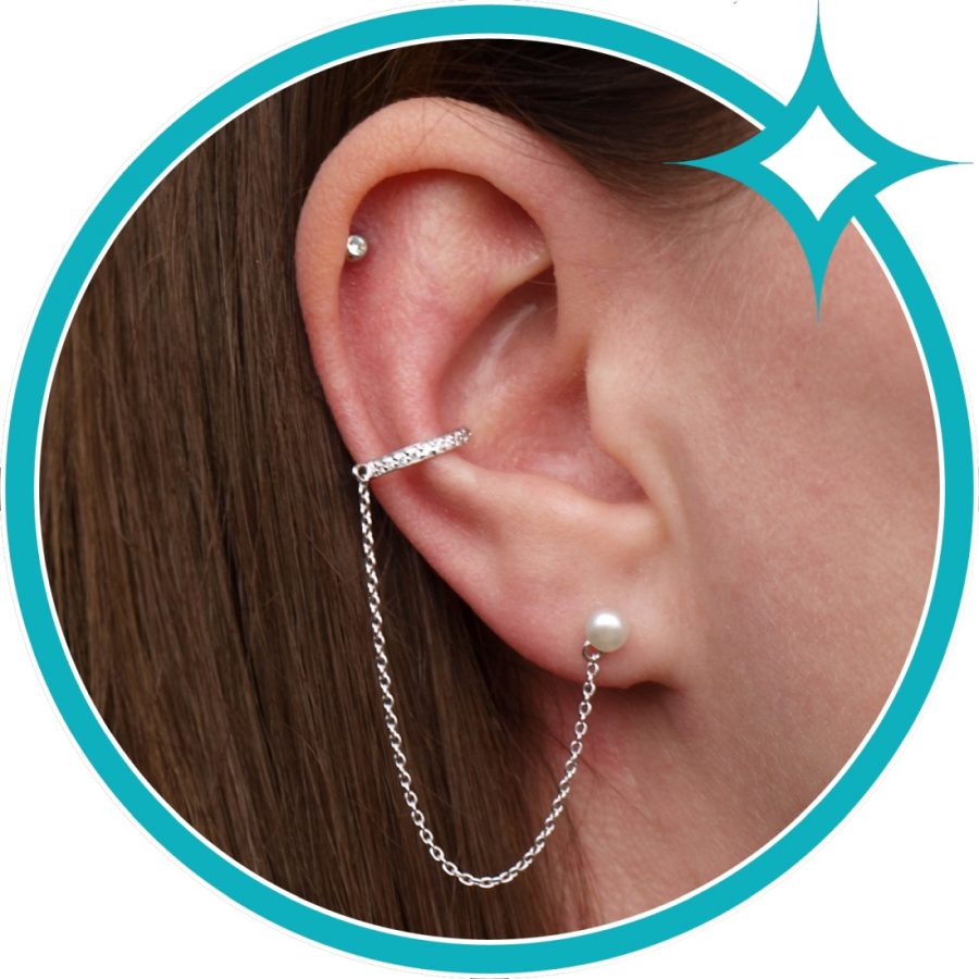 Ear cuff zoetwaterparel en ketting van gerhodineerd zilver met zirkonia in pavézetting 8720514750728 EIP01_01_00771